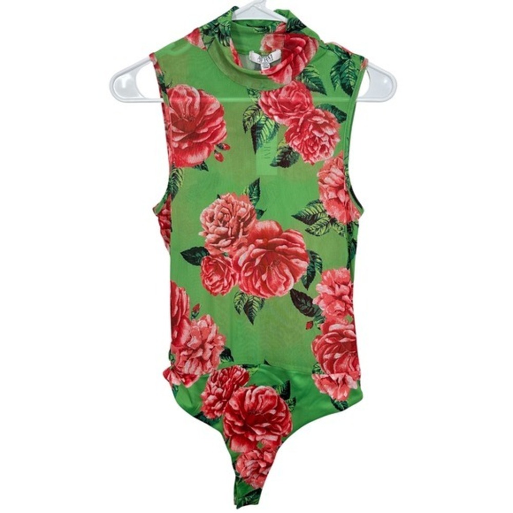 AFRM Los Angeles Green Sheer Mesh Rose Print Mock Neck Sleeveless‎ Bodysuit NWT